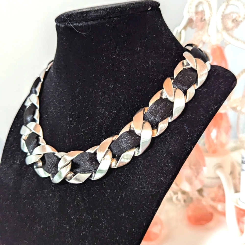 Chanel Silver tone and Satin Ribbon Choker